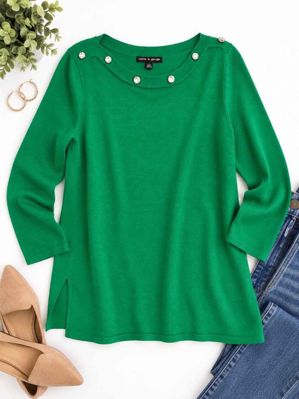 Cable & Gauge Green Jeweled Button Knit Sweater Top Size Small